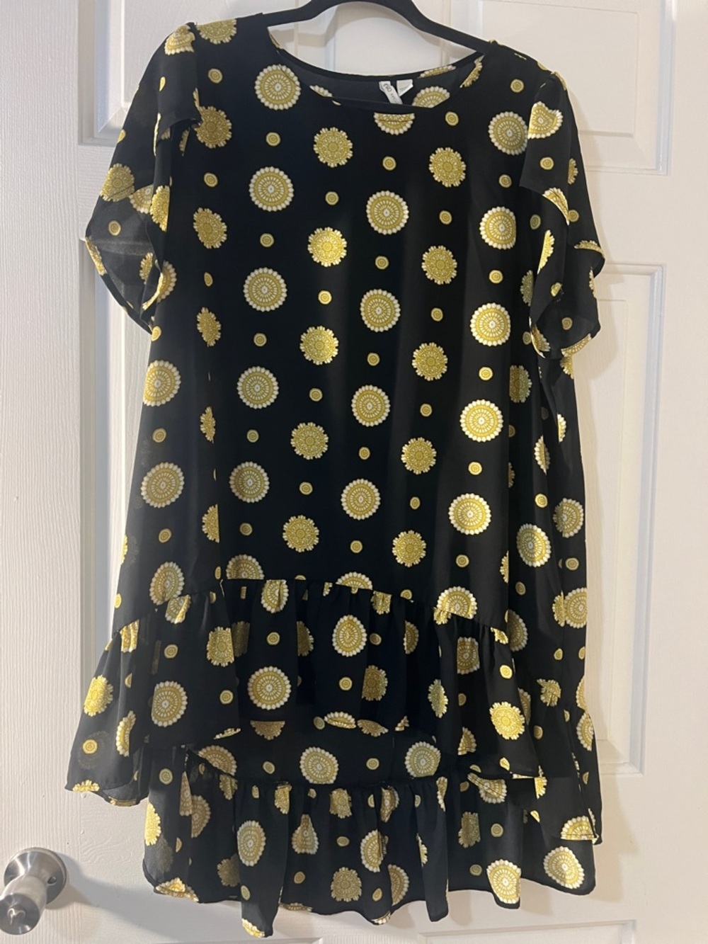 Cato Black Dress with Yellow Sunburst Print and Ruffle High-Low Hem
